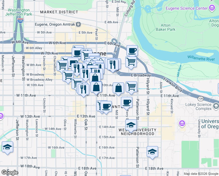 map of restaurants, bars, coffee shops, grocery stores, and more near 1055 High Street in Eugene