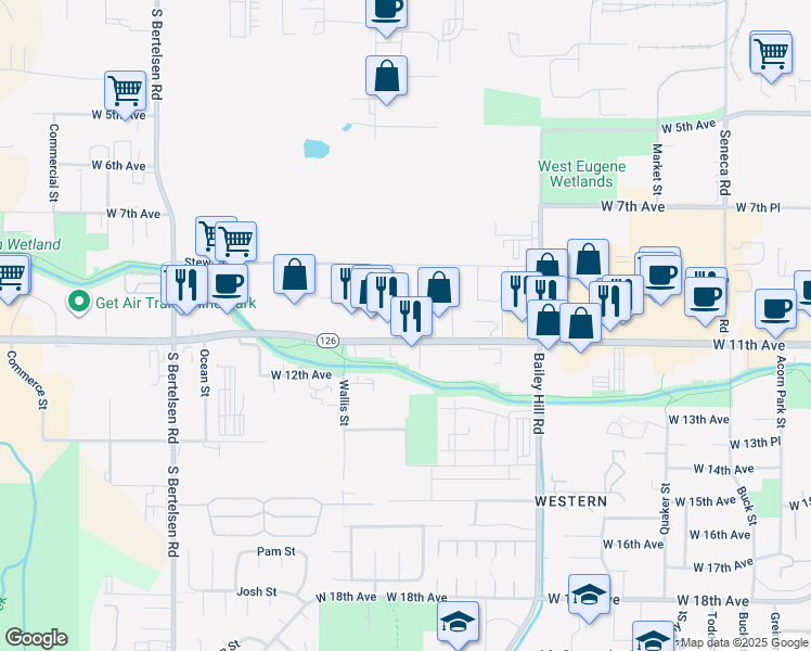 map of restaurants, bars, coffee shops, grocery stores, and more near 3845 West 11th Avenue in Eugene