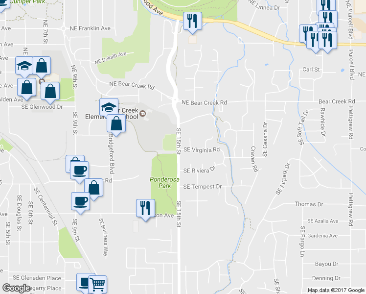 map of restaurants, bars, coffee shops, grocery stores, and more near 1508 Southeast Virginia Road in Bend