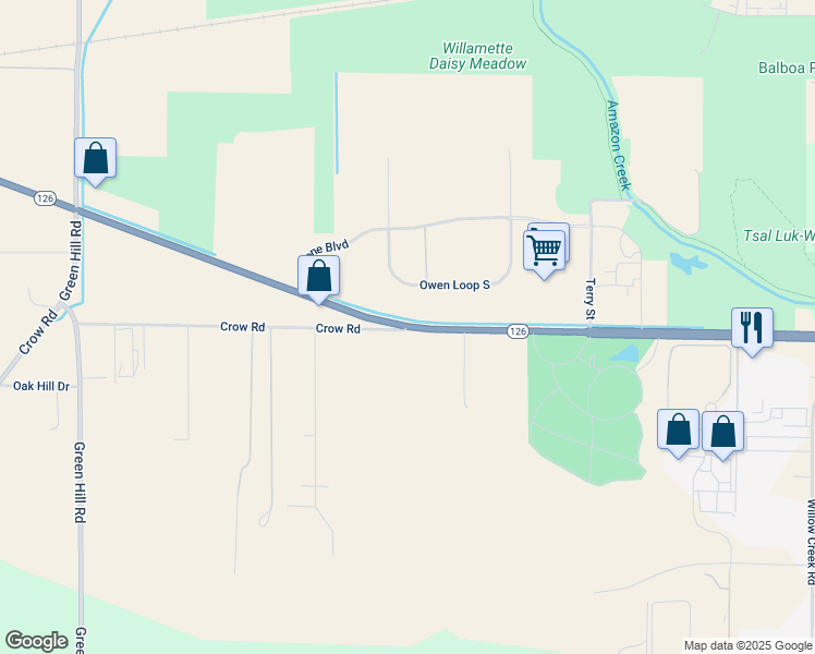 map of restaurants, bars, coffee shops, grocery stores, and more near 5451 West 11th Avenue in Eugene