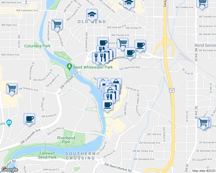 map of restaurants, bars, coffee shops, grocery stores, and more near 623 Southwest Mill View Way in Bend