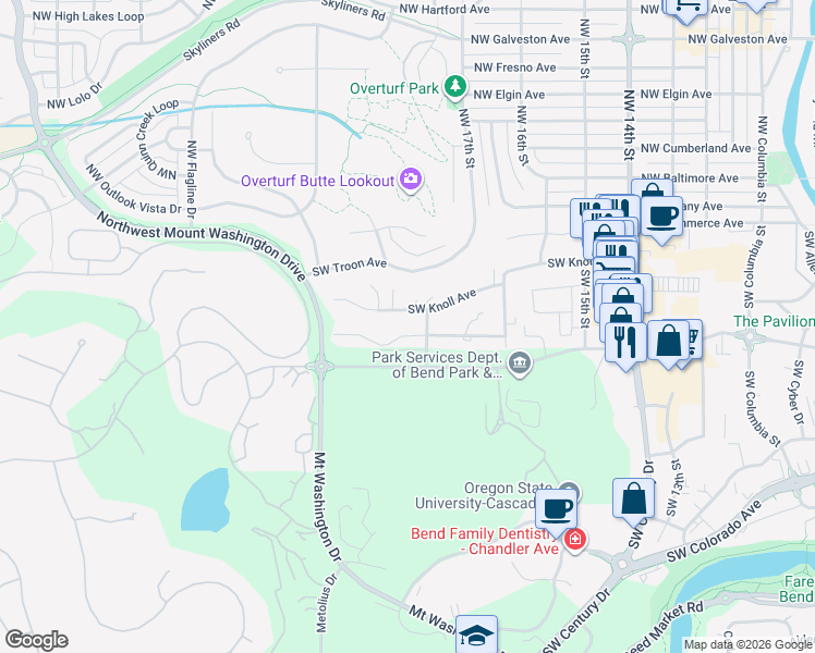 map of restaurants, bars, coffee shops, grocery stores, and more near 1833 Southwest Knoll Avenue in Bend