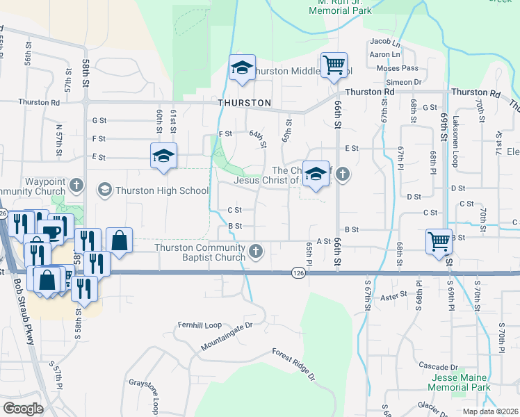 map of restaurants, bars, coffee shops, grocery stores, and more near 6353 D Street in Springfield