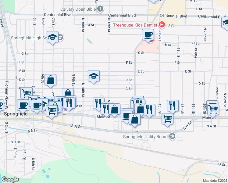 map of restaurants, bars, coffee shops, grocery stores, and more near 1280 C Street in Springfield