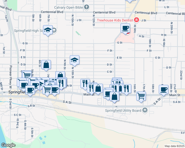 map of restaurants, bars, coffee shops, grocery stores, and more near 412 North 12th Street in Springfield