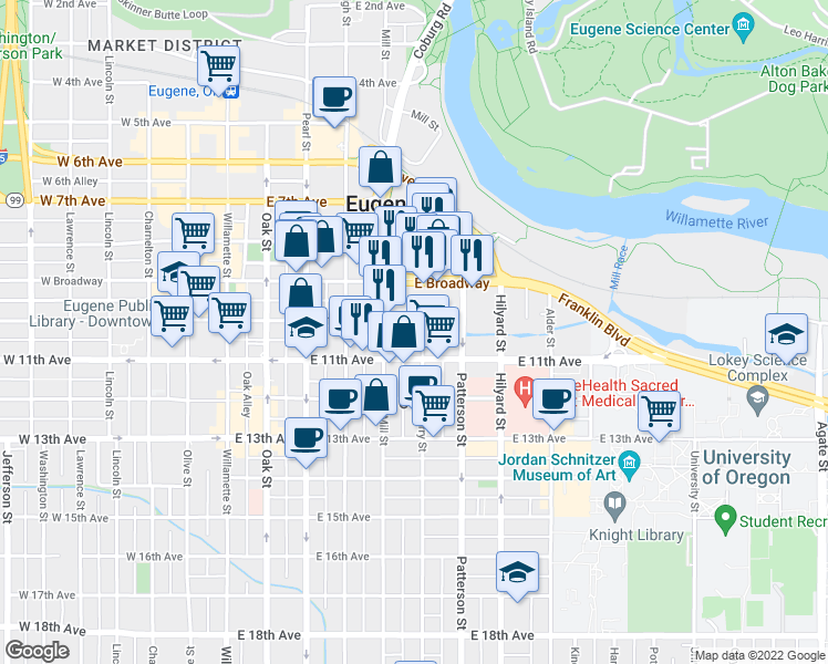 map of restaurants, bars, coffee shops, grocery stores, and more near 962 Ferry Lane in Eugene