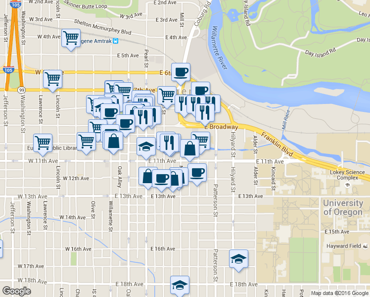 map of restaurants, bars, coffee shops, grocery stores, and more near 389 East 10th Avenue in Eugene