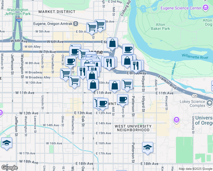 map of restaurants, bars, coffee shops, grocery stores, and more near 389 East 10th Avenue in Eugene