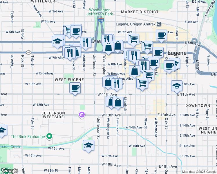 map of restaurants, bars, coffee shops, grocery stores, and more near in Eugene