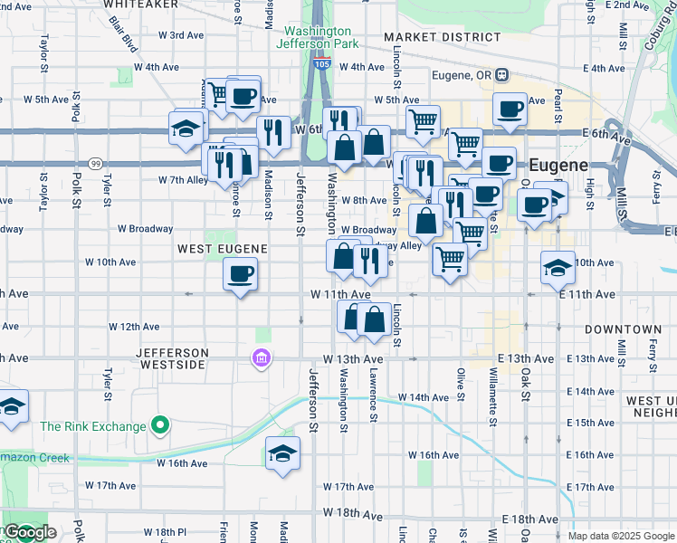 map of restaurants, bars, coffee shops, grocery stores, and more near in Eugene