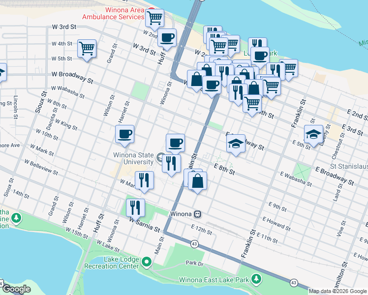 map of restaurants, bars, coffee shops, grocery stores, and more near 121 West Wabasha Street in Winona