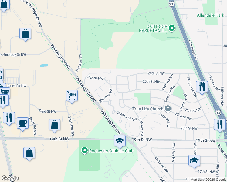 map of restaurants, bars, coffee shops, grocery stores, and more near 2858 25th Street Northwest in Rochester
