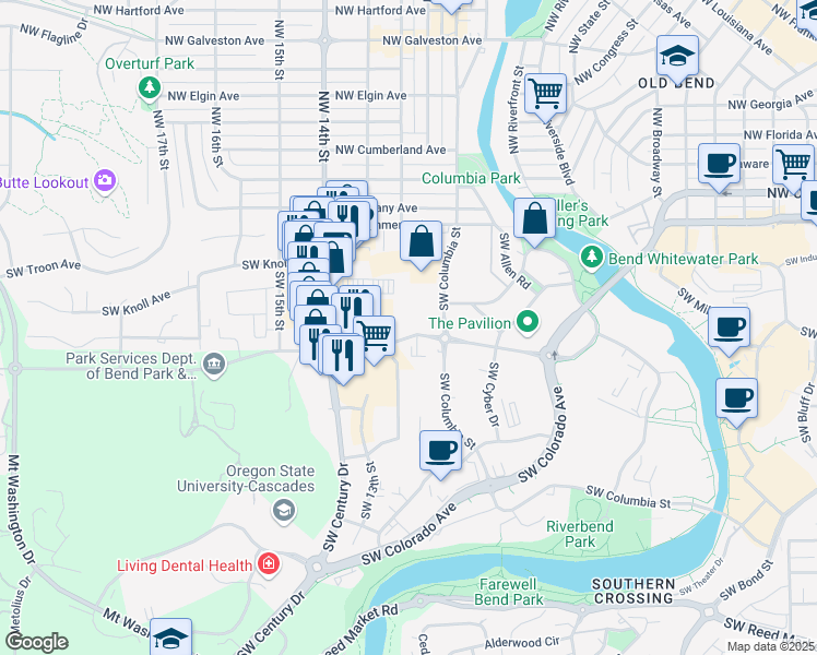 map of restaurants, bars, coffee shops, grocery stores, and more near 1212 SW Simpson Ave in Bend