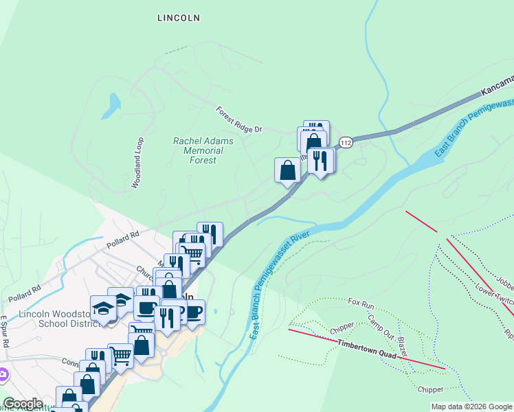 map of restaurants, bars, coffee shops, grocery stores, and more near 43 Pollard Road in Lincoln