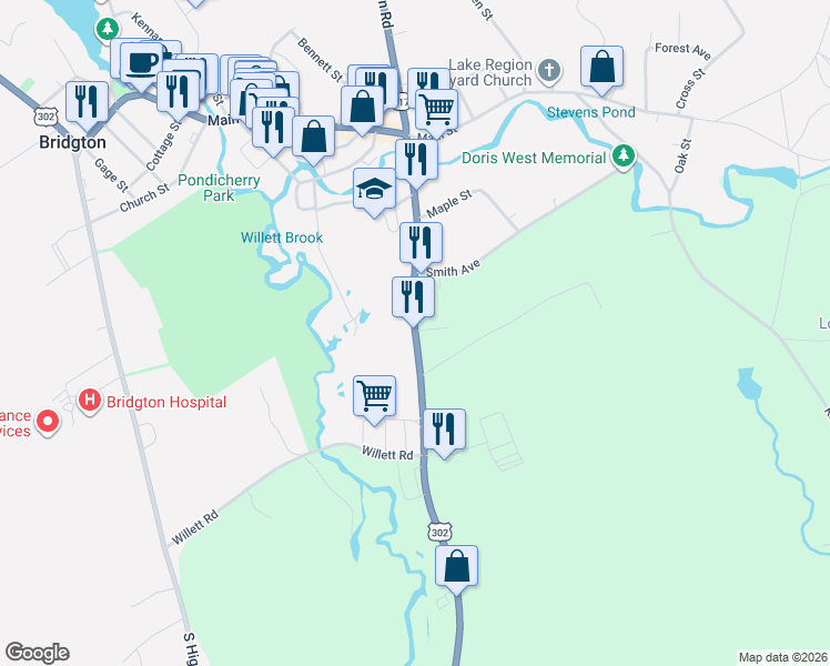 map of restaurants, bars, coffee shops, grocery stores, and more near 50 Portland Road in Bridgton