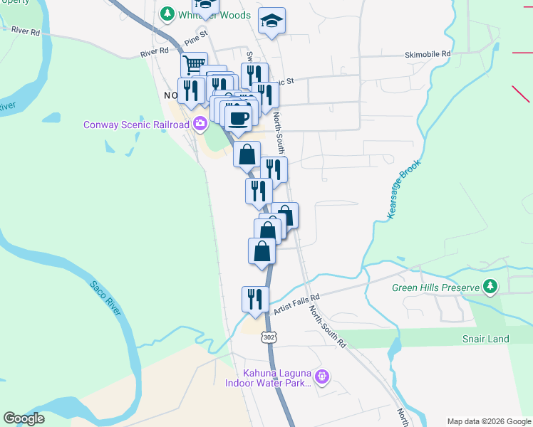 map of restaurants, bars, coffee shops, grocery stores, and more near 2503 White Mountain Highway in Conway