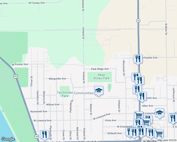 map of restaurants, bars, coffee shops, grocery stores, and more near 2558 Vinland Street in Oshkosh