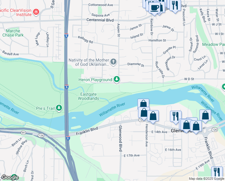 map of restaurants, bars, coffee shops, grocery stores, and more near 1451 Walnut Road in Springfield
