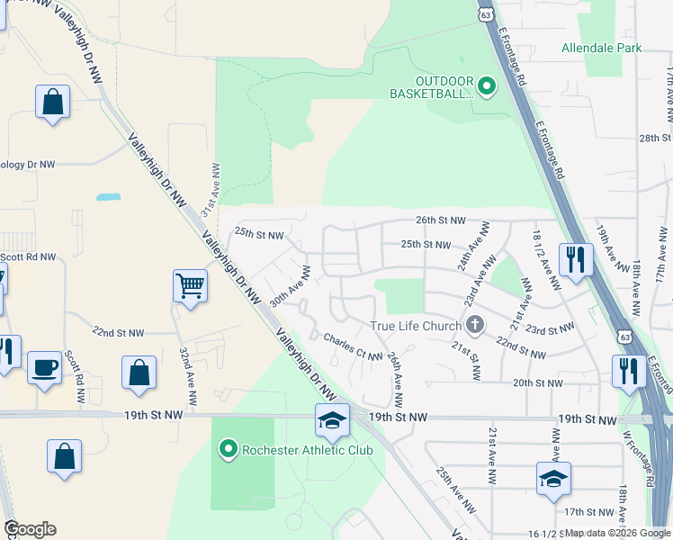 map of restaurants, bars, coffee shops, grocery stores, and more near 2858 25th Street Northwest in Rochester
