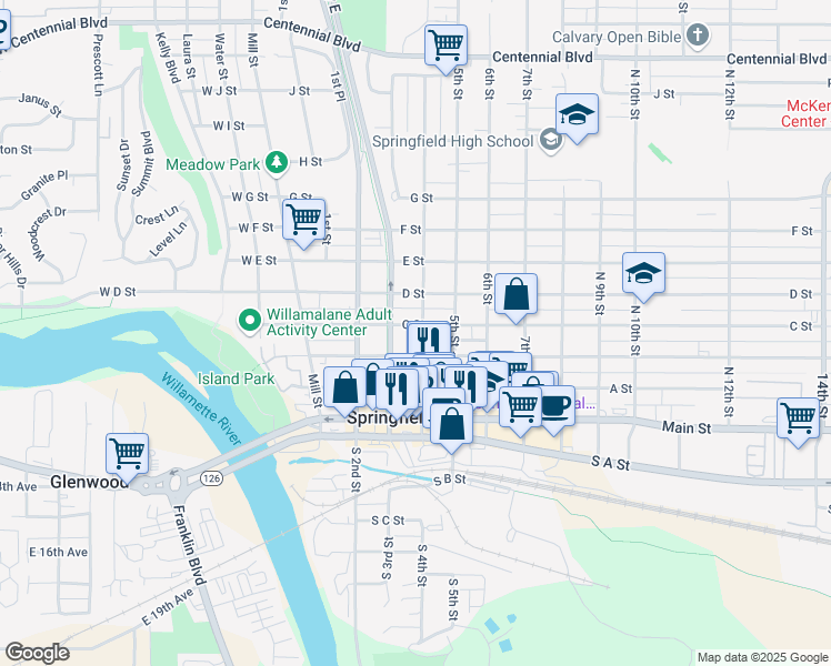 map of restaurants, bars, coffee shops, grocery stores, and more near 346 4th Street in Springfield