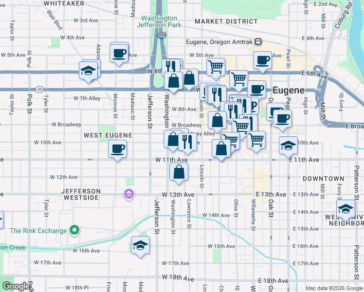 map of restaurants, bars, coffee shops, grocery stores, and more near 988 Lawrence Street in Eugene