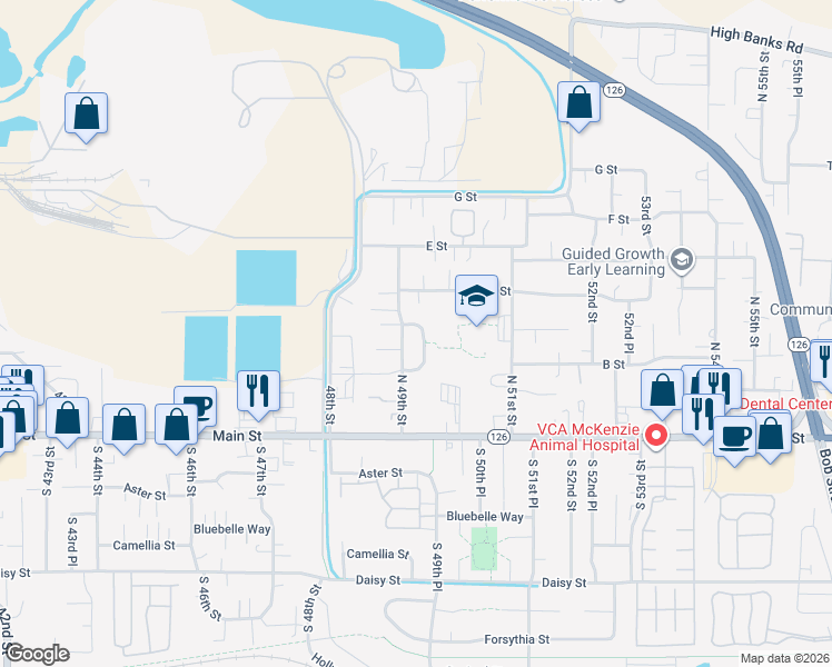 map of restaurants, bars, coffee shops, grocery stores, and more near 425 49th State Loop in Springfield