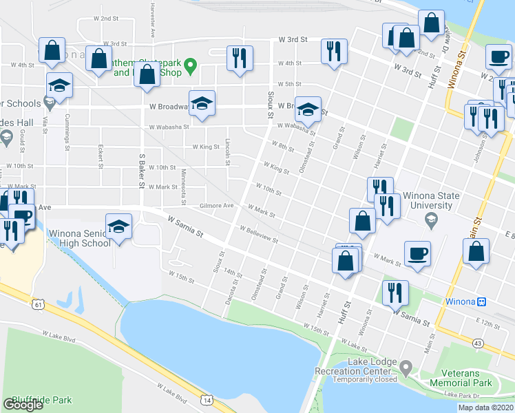 map of restaurants, bars, coffee shops, grocery stores, and more near 529 Dacota Street in Winona