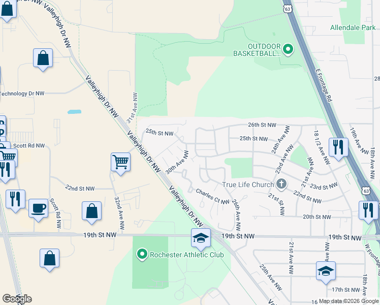 map of restaurants, bars, coffee shops, grocery stores, and more near 2858 25th Street Northwest in Rochester
