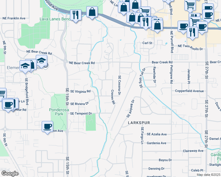 map of restaurants, bars, coffee shops, grocery stores, and more near 105 Southeast Craven Road in Bend