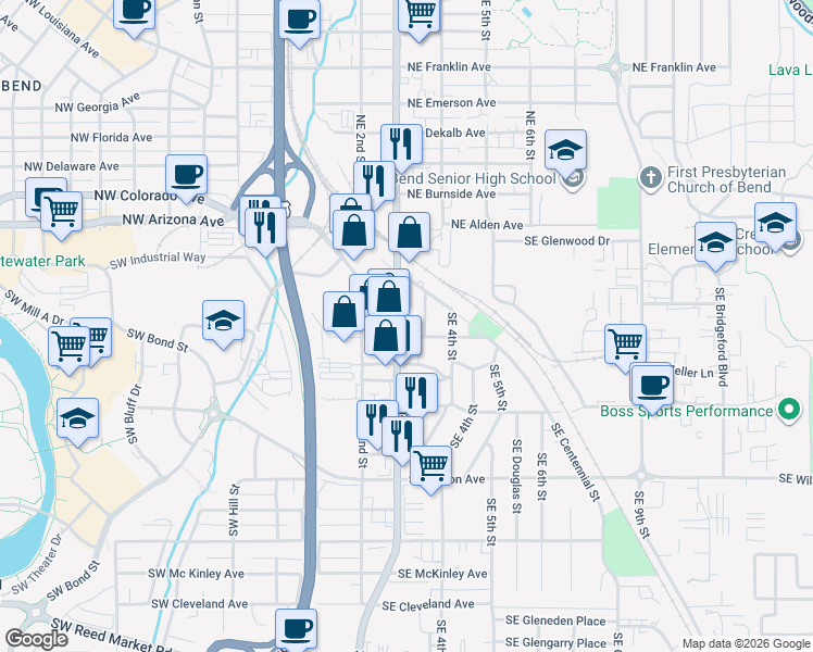 map of restaurants, bars, coffee shops, grocery stores, and more near 170 Southeast 3rd Street in Bend