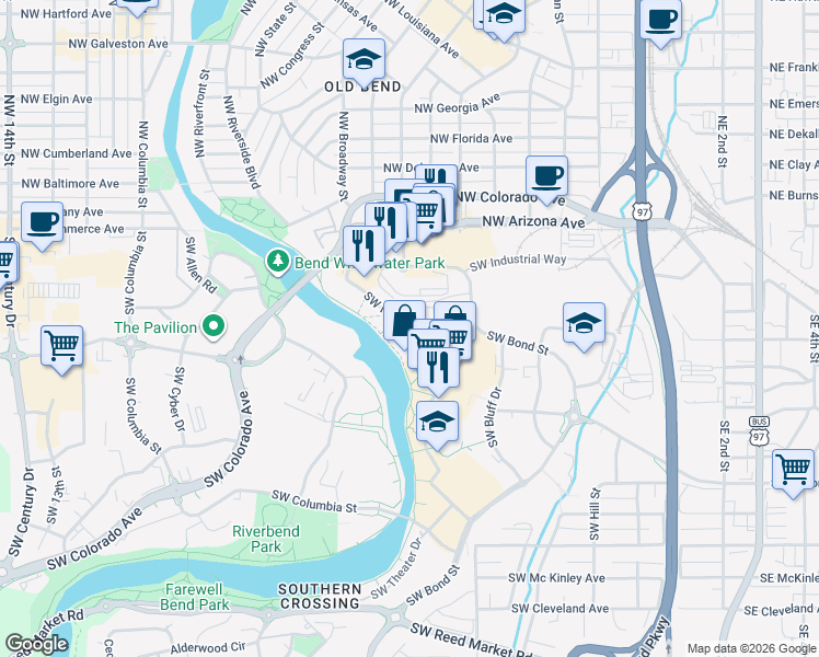 map of restaurants, bars, coffee shops, grocery stores, and more near 623 Southwest Mill View Way in Bend