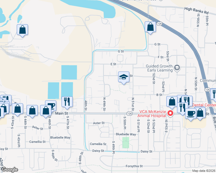 map of restaurants, bars, coffee shops, grocery stores, and more near 425 49th State Loop in Springfield