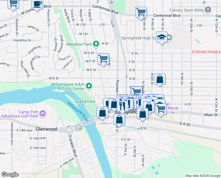 map of restaurants, bars, coffee shops, grocery stores, and more near 124 C Street in Springfield