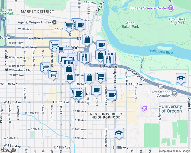 map of restaurants, bars, coffee shops, grocery stores, and more near 1030 Ferry Street in Eugene