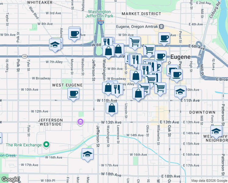 map of restaurants, bars, coffee shops, grocery stores, and more near 988 Lawrence Street in Eugene
