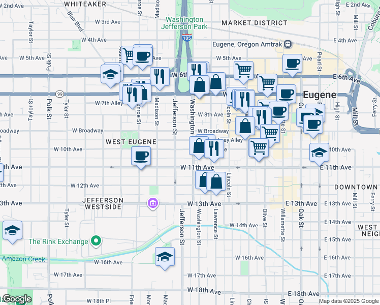 map of restaurants, bars, coffee shops, grocery stores, and more near in Eugene