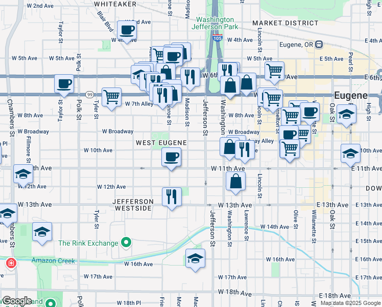 map of restaurants, bars, coffee shops, grocery stores, and more near 990 Madison Street in Eugene