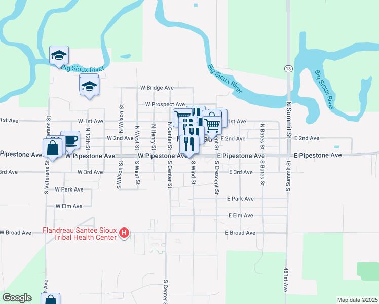 map of restaurants, bars, coffee shops, grocery stores, and more near 100 North Wind Street in Flandreau