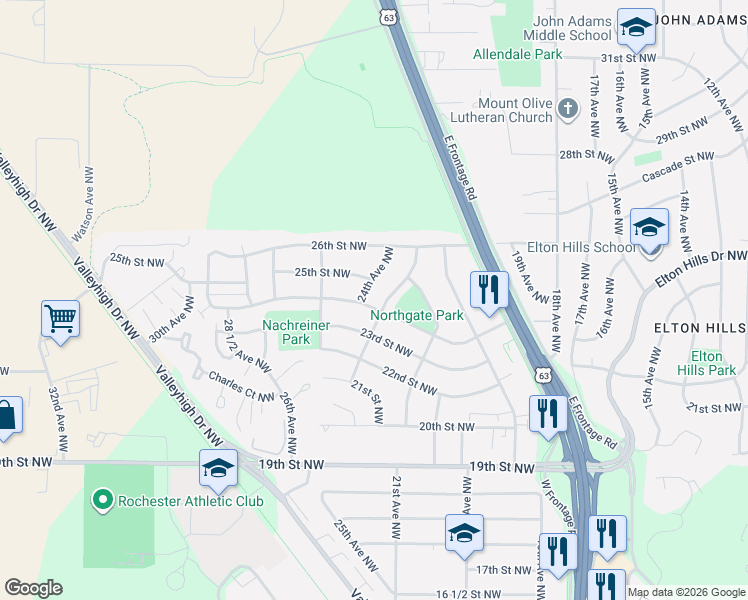 map of restaurants, bars, coffee shops, grocery stores, and more near 2417 23rd Avenue Northwest in Rochester