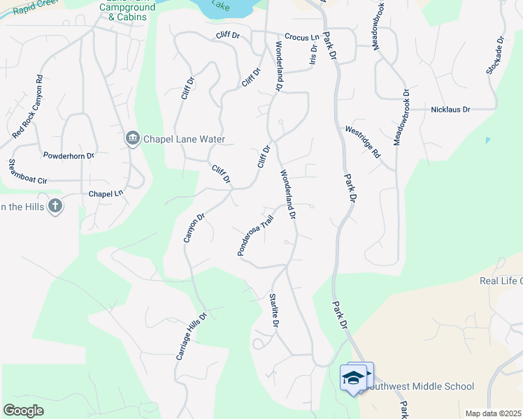 map of restaurants, bars, coffee shops, grocery stores, and more near 3700 Ponderosa Trail in Rapid City