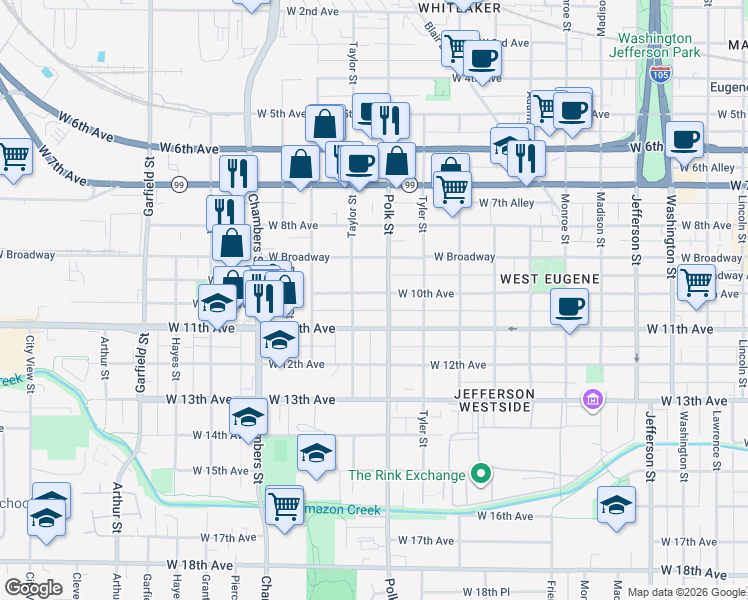 map of restaurants, bars, coffee shops, grocery stores, and more near 991 Polk Street in Eugene