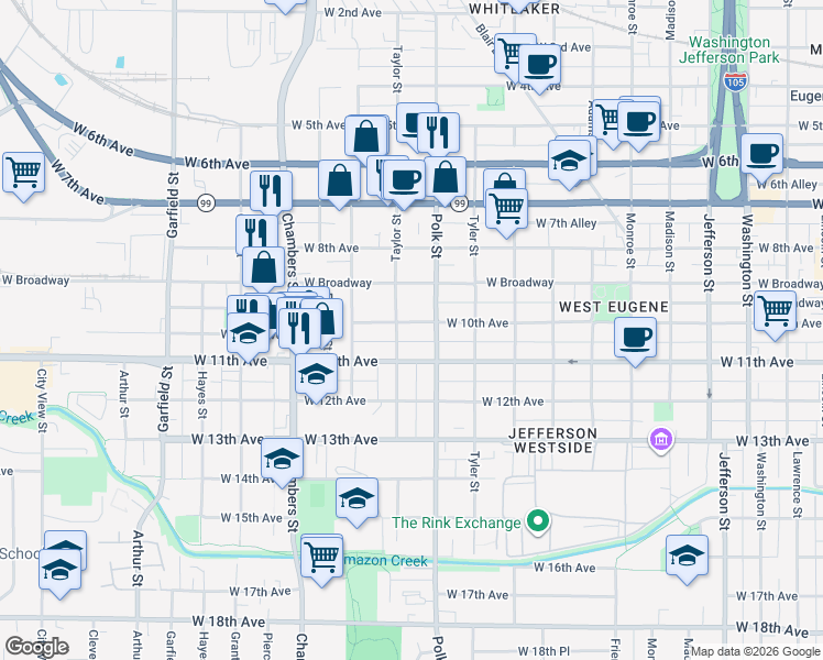 map of restaurants, bars, coffee shops, grocery stores, and more near 993 Taylor Street in Eugene