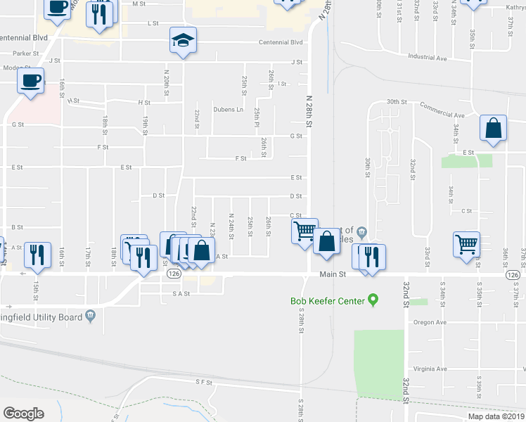 map of restaurants, bars, coffee shops, grocery stores, and more near 420 26th Street in Springfield