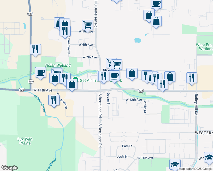 map of restaurants, bars, coffee shops, grocery stores, and more near 4095 West 11th Avenue in Eugene