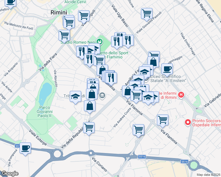 map of restaurants, bars, coffee shops, grocery stores, and more near 66 Via Flaminia in Rimini