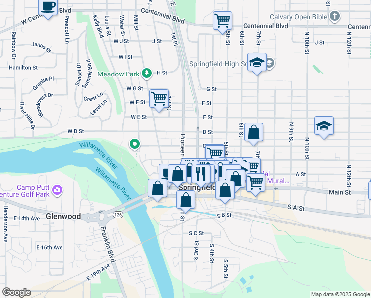 map of restaurants, bars, coffee shops, grocery stores, and more near 353 Pioneer Parkway West in Springfield