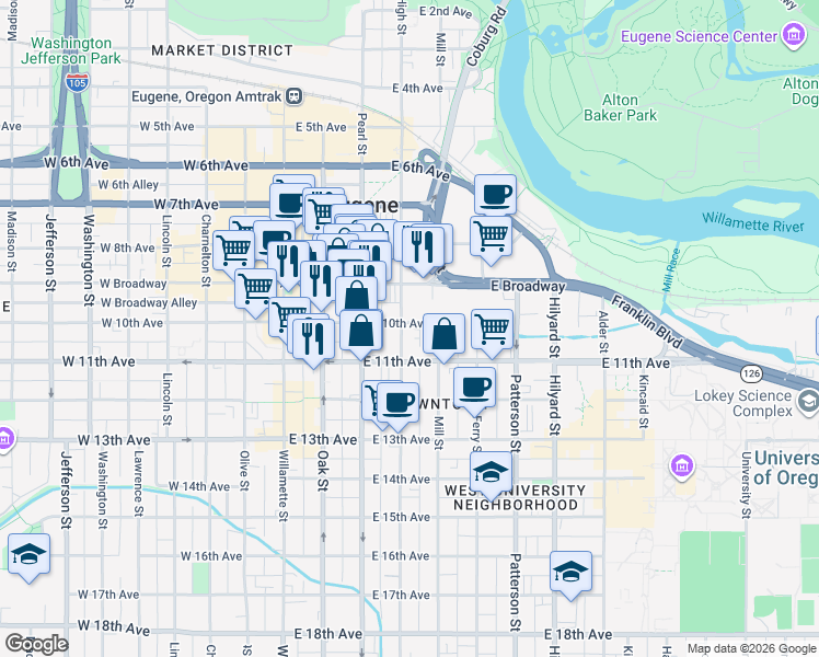 map of restaurants, bars, coffee shops, grocery stores, and more near 1053 High Street in Eugene