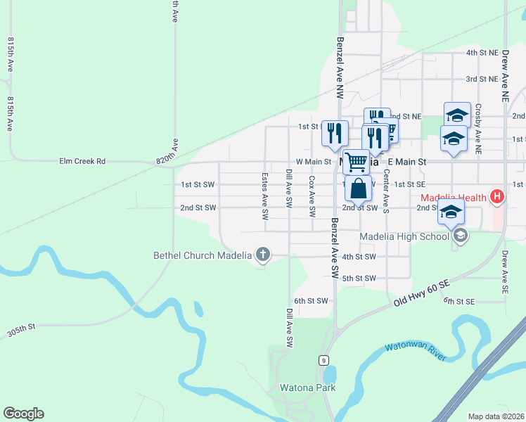 map of restaurants, bars, coffee shops, grocery stores, and more near 415 2nd Street Northwest in Madelia