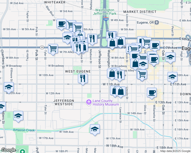 map of restaurants, bars, coffee shops, grocery stores, and more near 652 West 10th Avenue in Eugene