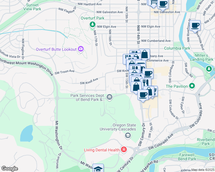 map of restaurants, bars, coffee shops, grocery stores, and more near 150 Southwest 17th Street in Bend